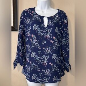 41 Hawthorn Blue Floral Sheer Long Sleeve Tie Wrist Blouse Size S NWT